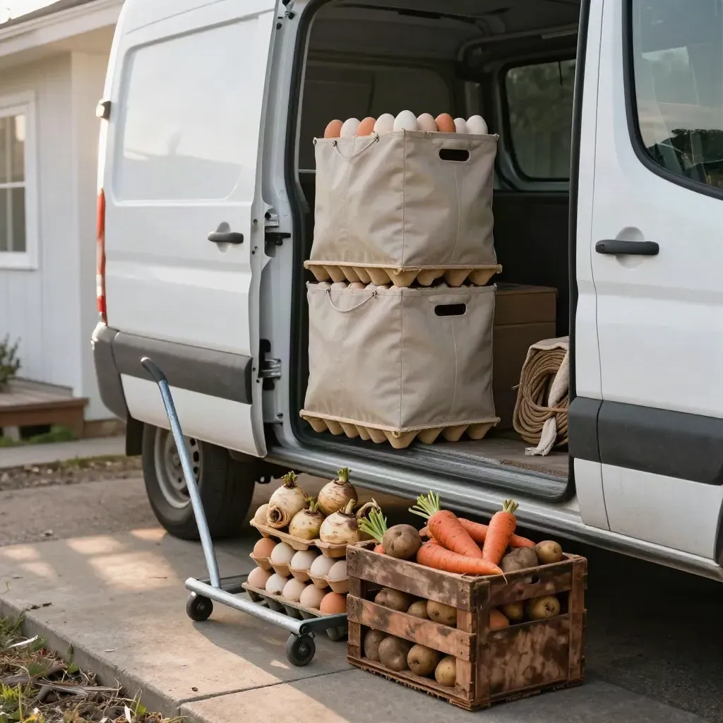 Delivery totes, egg flats, and root crates beside a white cargo van at a farmhouse stoop.