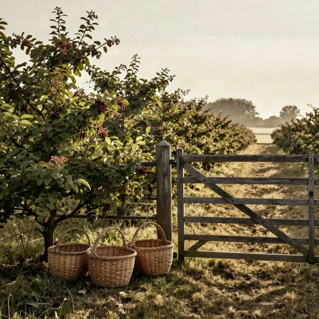 Berry rows and empty picking baskets beside a low orchard gate in hazy summer light.
