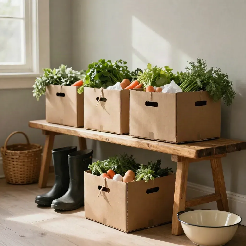 Four CSA boxes on a mudroom bench beside boots, basket, and enamel bowl in soft dawn light.