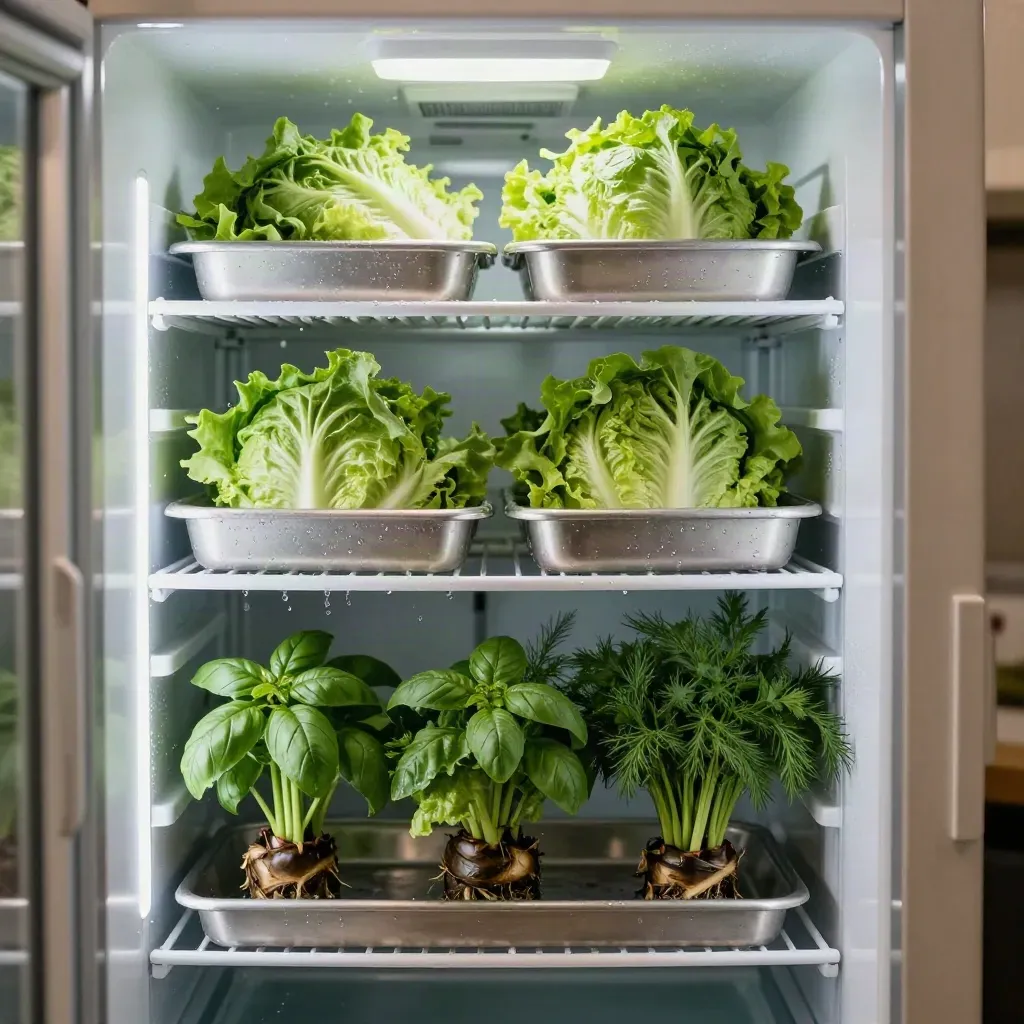 Herb trays and lettuce in stainless pans inside a stocked restaurant walk-in cooler.