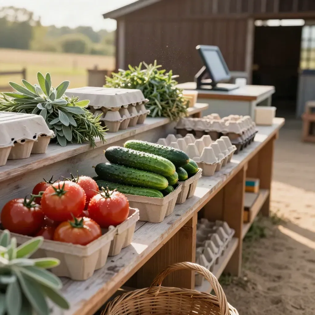 Farm stand baskets of tomatoes, cucumbers, eggs and herbs in warm late-afternoon light.