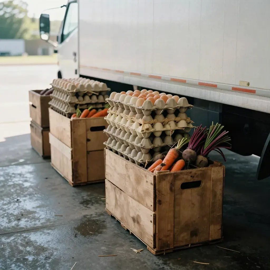 Egg flats, root crates, and grocery totes on a quiet loading dock by a box truck.