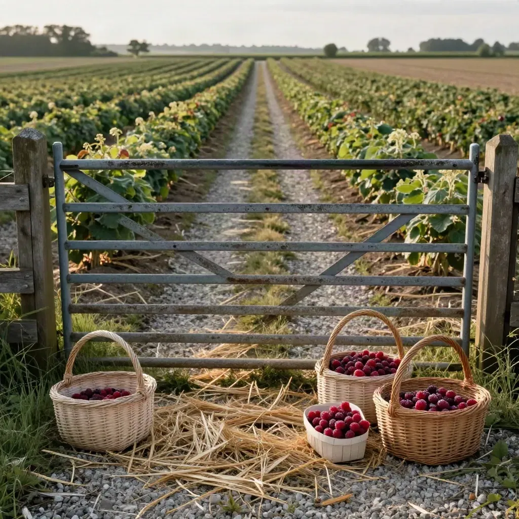 Open field gate with baskets and berry flats beside ready crop rows in haze