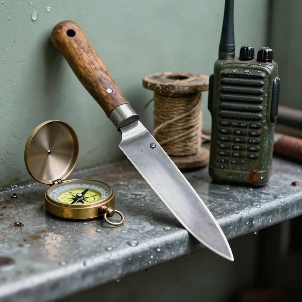 Macro still life of farm tools on a galvanized bench in a wash shed.