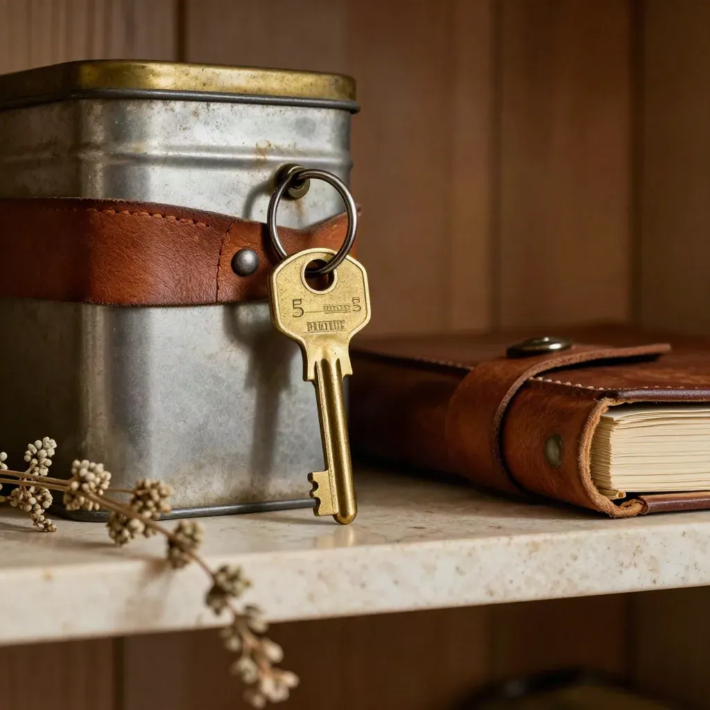 Brass key ring, pruning knife, seed tin and strapped field ledger on a shelf.