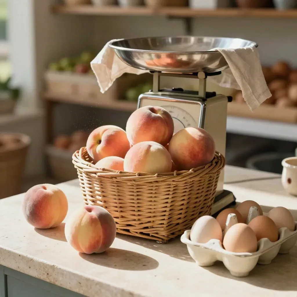 Produce scale, peaches, wicker basket and egg tray on a sunlit farm stand counter.