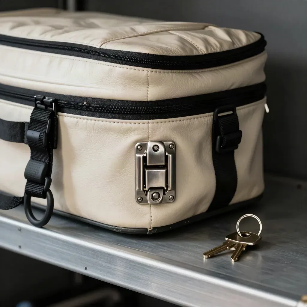 Cream cooler bag, bungee straps, crate latch, and van keys on a metal cargo shelf.