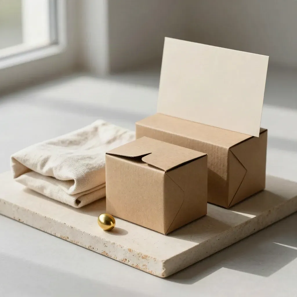 Overhead CSA box sizes with linen tote and brass egg token on pale stone.