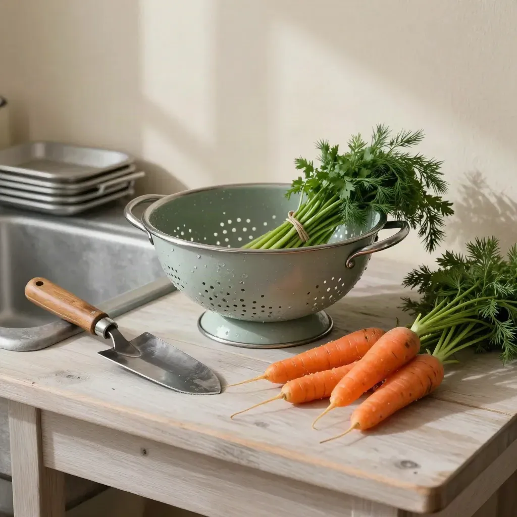 Herbs, carrots, soil knife and colander on a pale wood packing table at the wash station.