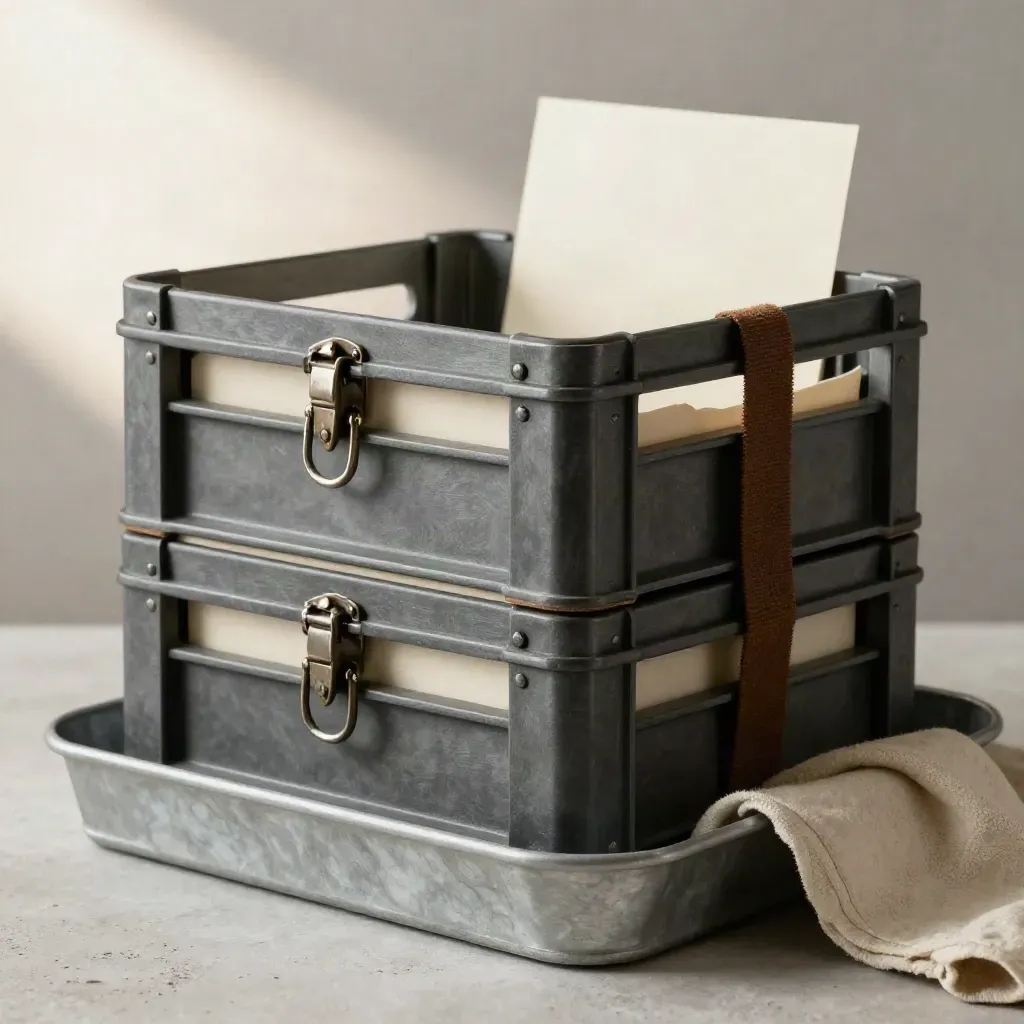 Delivery crates, insulated liners, and a rolled strap arranged in a metal tray on concrete.