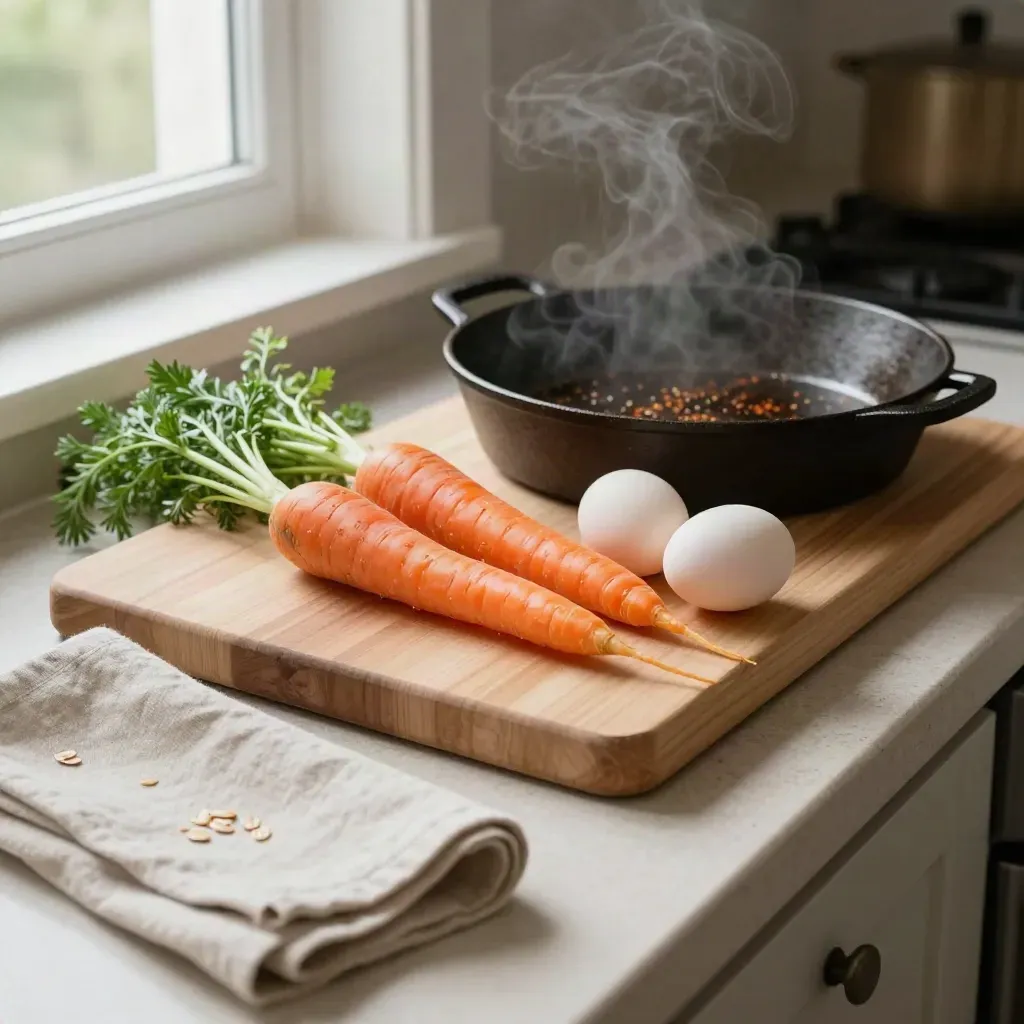 Carrots, herbs, eggs and a cast-iron pan on a linen-draped cutting board beside a kitchen stove.