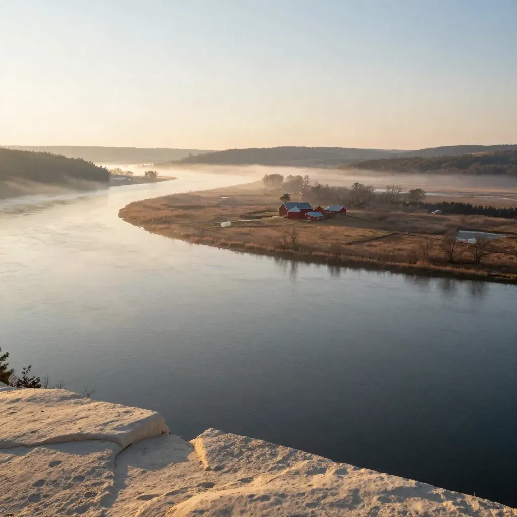 Hudson River bend at sunrise with misty hills, ridge roofs, and open floodplain.