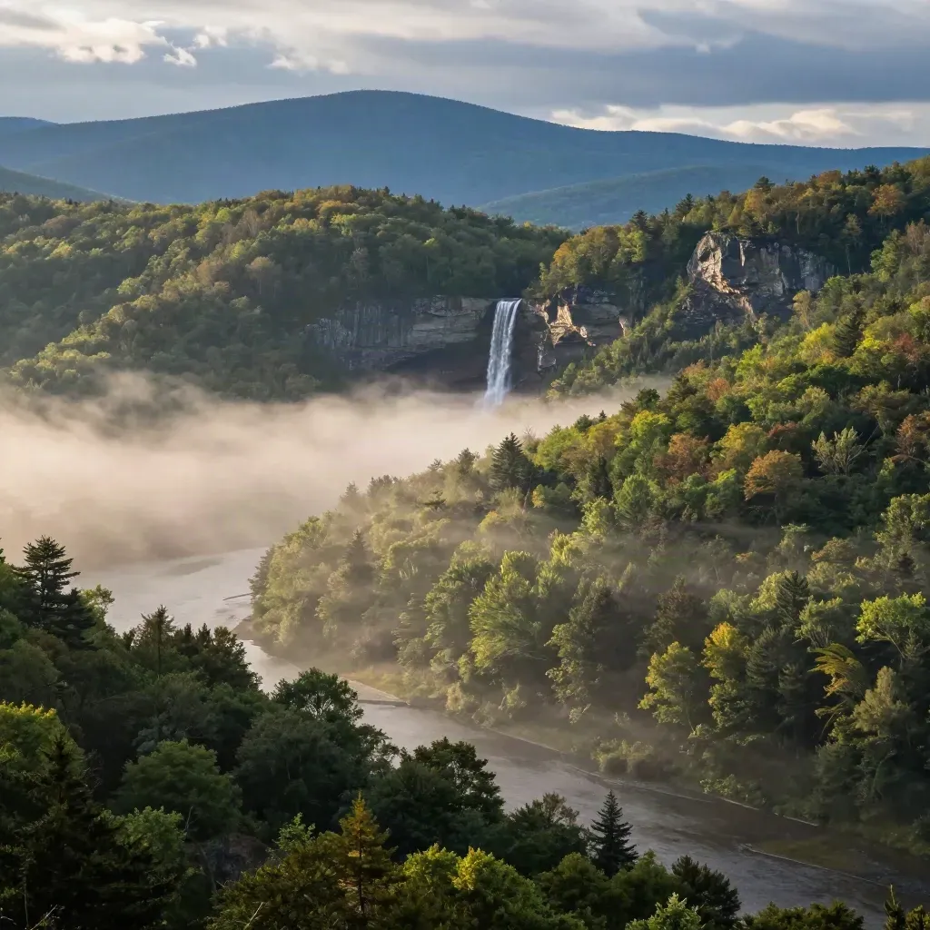 Wooded Catskill ridge with distant waterfall, blue mountains, and rain mist