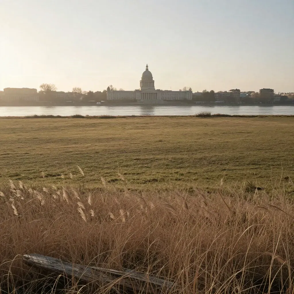 Albany riverfront with distant capitol dome above a calm hazy meadow at sunset