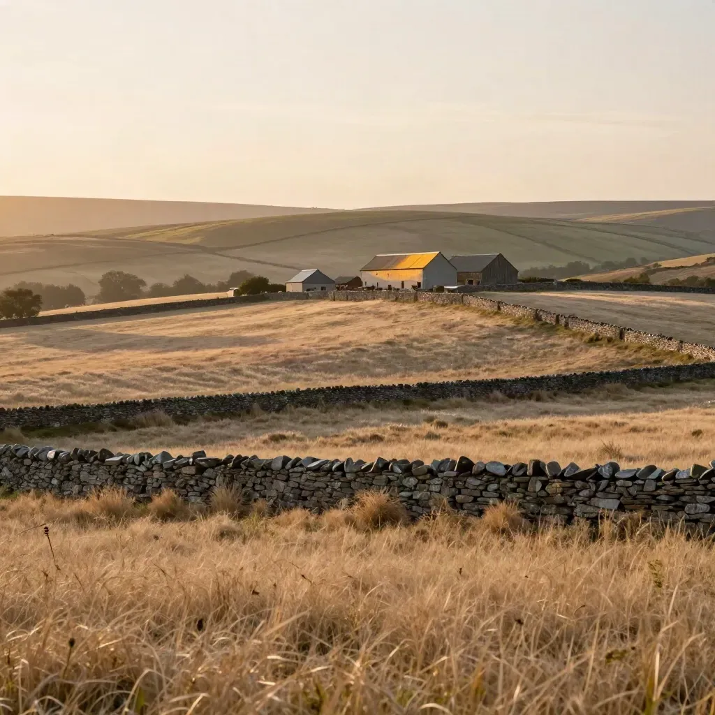 Golden Berkshire pastures with stone walls and a pale barn cluster under hazy sunset hills.
