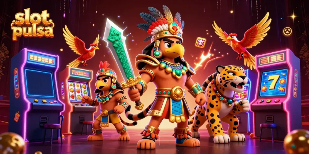 Menangkan slot pulsa dengan slot penuh simbol buah dan jackpot bersinar di latar belakang bergaya kasino.