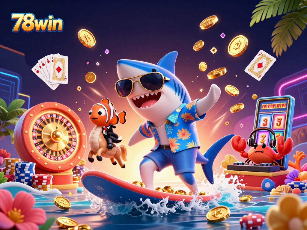 Join the thrill with 78win in this vibrant casino scene as you surf through gold coins and jackpots!
