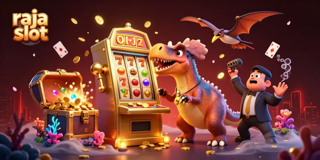 Raja slot yang menampilkan dinosaurus 3D dan mesin slot dengan koin emas terbang.