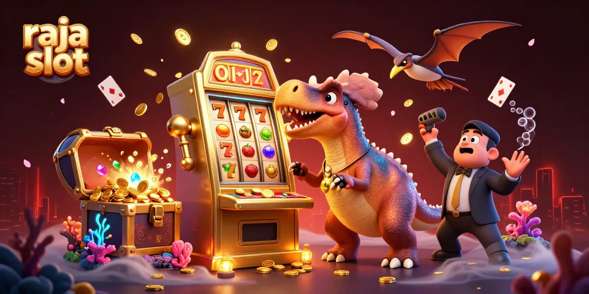 Raja slot yang menampilkan dinosaurus 3D dan mesin slot dengan koin emas terbang.