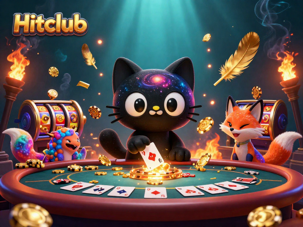 Engage with Hitclub's vibrant cosmic casino scene showcasing a black hole cat and nebula fox with golden chips and cards.