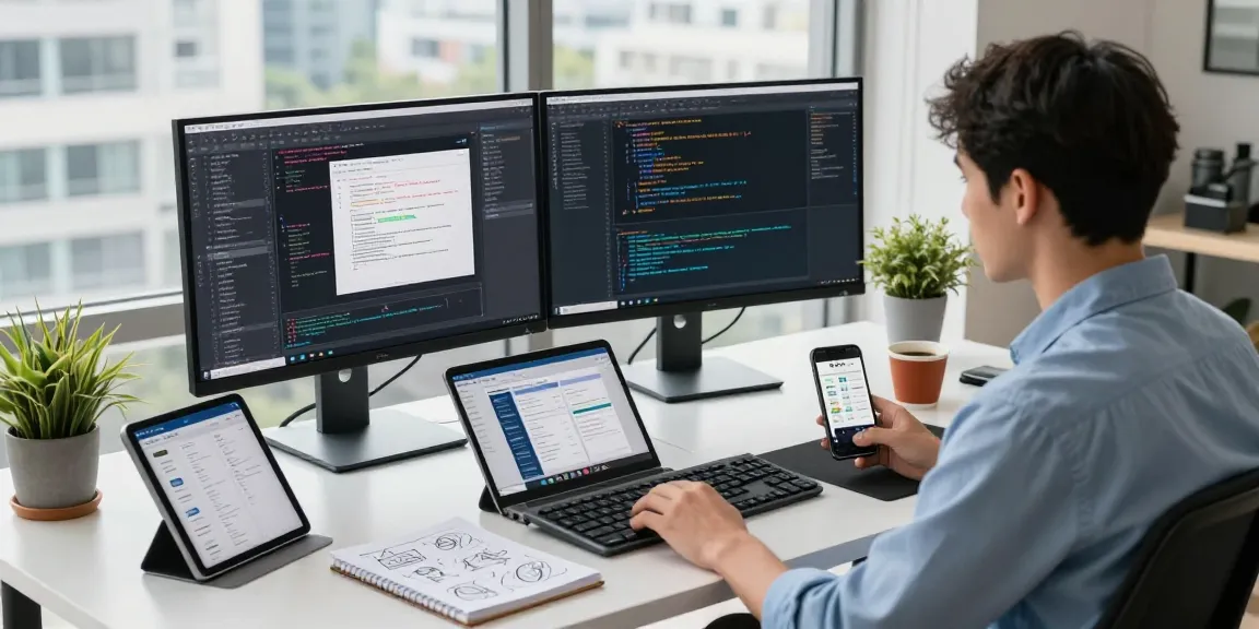 Software developer at rtischeduler.co.uk workspace, coding on dual monitors with design tools and coffee.