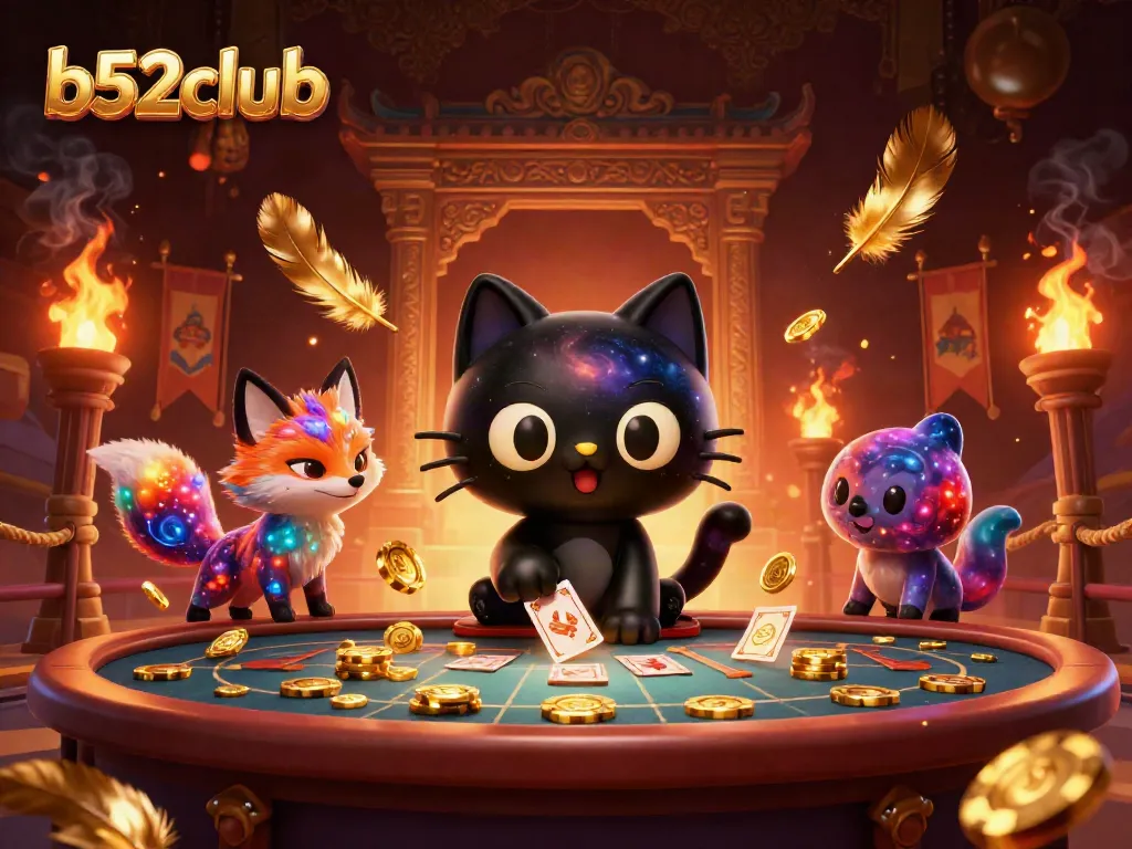 Engage with the exciting b52club casino world through this vibrant cosmic scene filled with mystical characters and golden chips