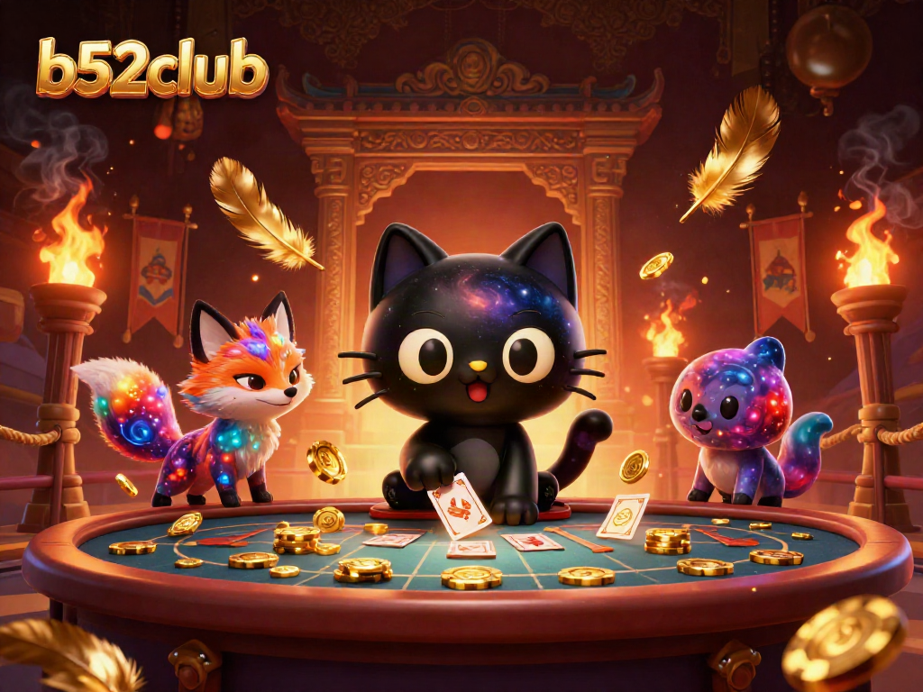 Engage with the exciting b52club casino world through this vibrant cosmic scene filled with mystical characters and golden chips