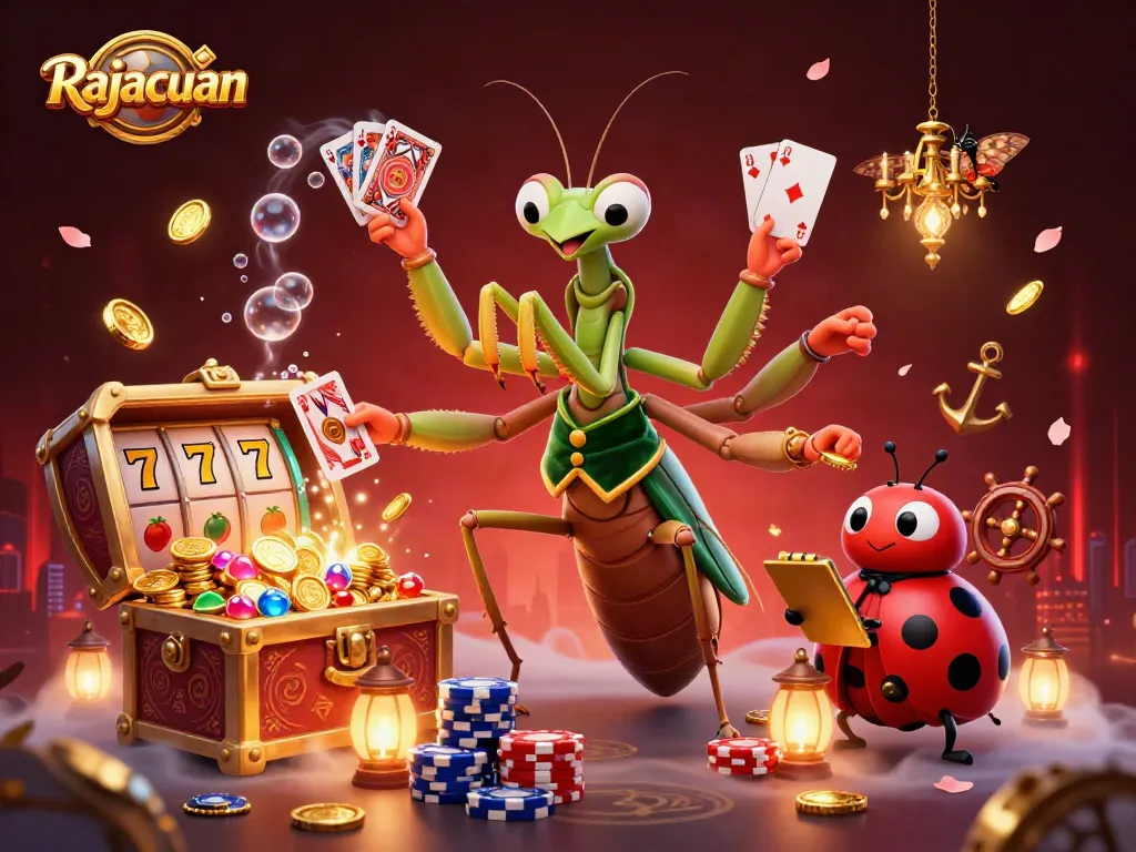 Experience Rajacuan's thrilling game atmosphere with vibrant characters, slot elements, and dynamic energy.