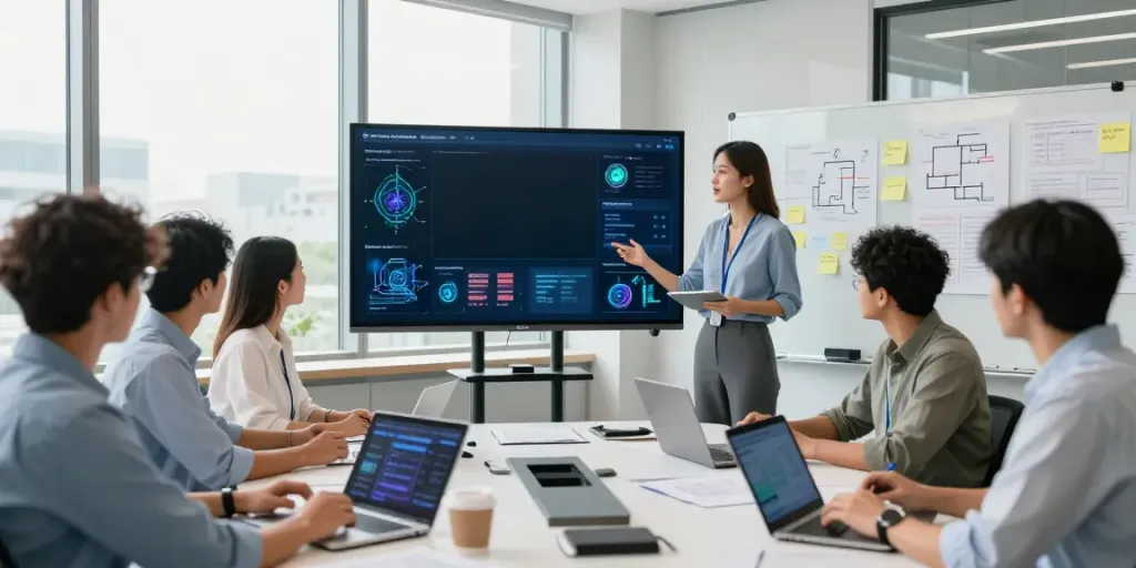 Team collaborating on Enterprise AI strategy in a modern office.