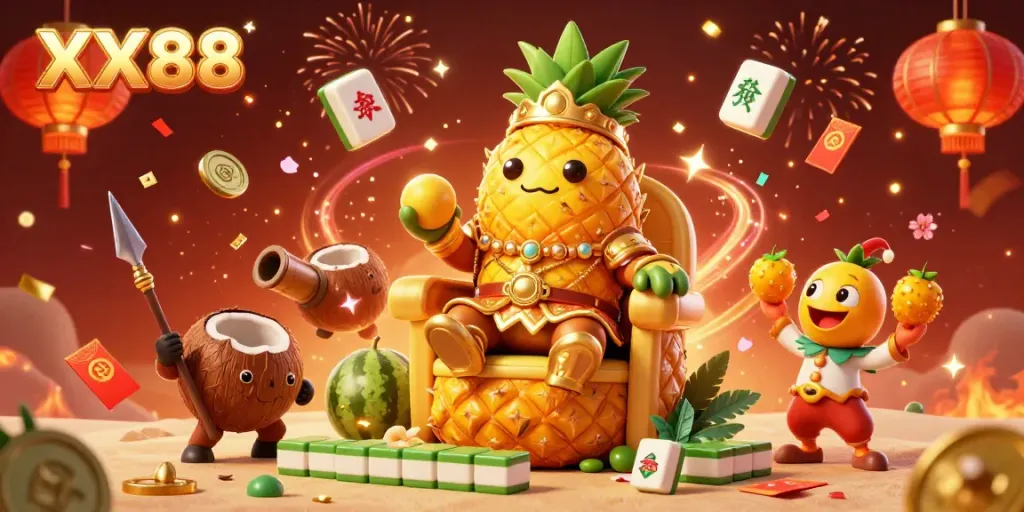Experience a vibrant beach casino scene featuring the whimsical characters of XX88 with celebratory details and dynamic game elements.