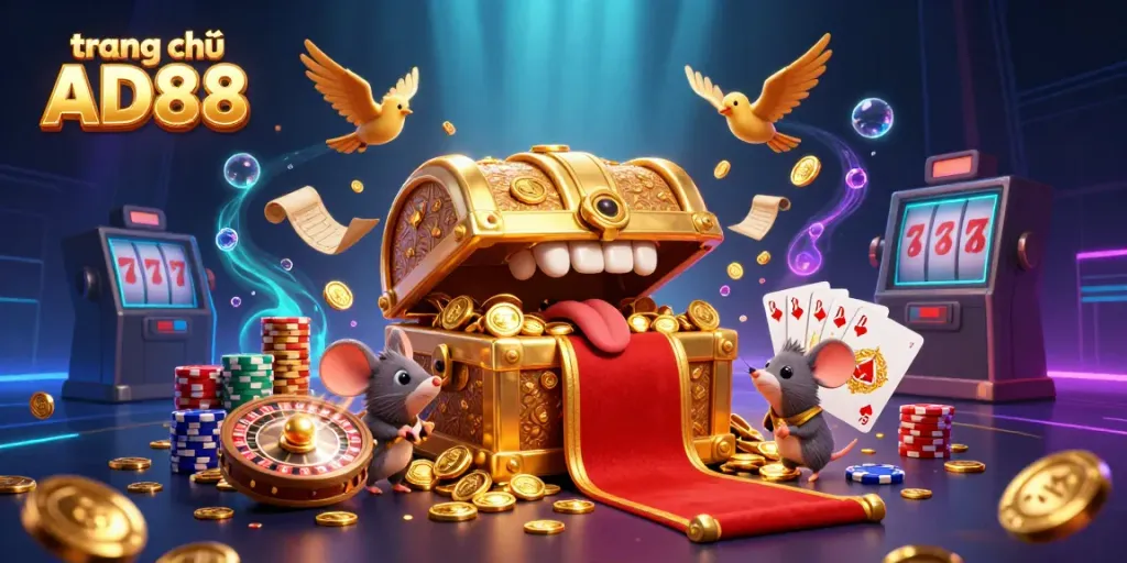 Engage with the vibrant scene of trang chủ AD88, showcasing a treasure chest and casino elements.