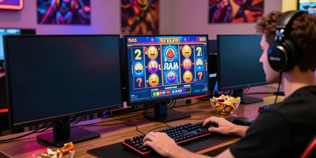 Engaged player experiencing the excitement of raja slot games on a modern computer setup.