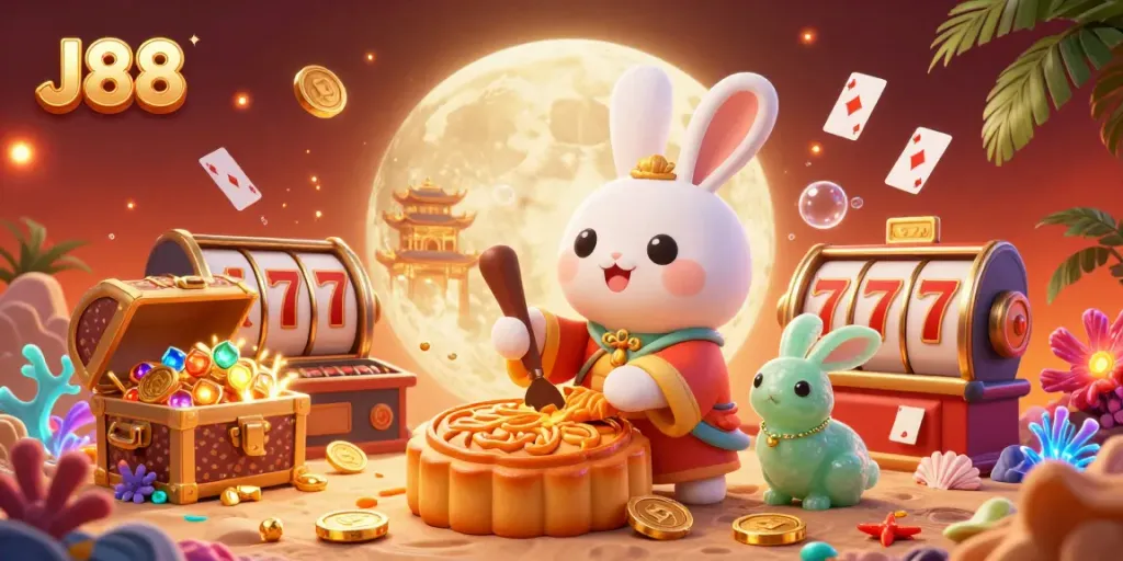 J88 casino scene with moon rabbit revealing poker chips and vibrant slot elements.
