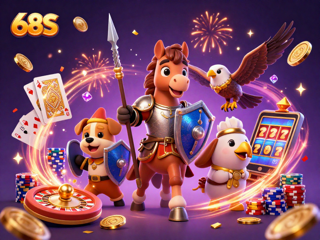 Atraia grandes prêmios com 68S em um cassino repleto de emocionantes elementos como moedas douradas e cartas de jogo.