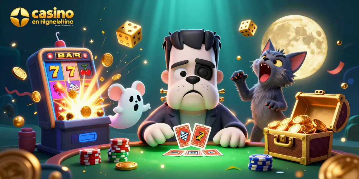 Le casino en ligne retrait instantané offre une expérience palpitante avec un bulldog Frankenstein dealer de cartes entouré de personnages fantastiques.