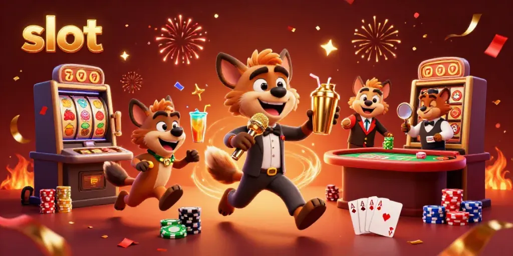 Hyenas entertain in a vibrant casino scene featuring slot machines, poker chips, and confetti.