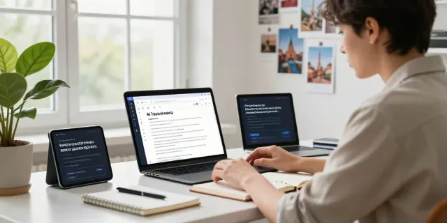 Generating Polish text with AI in a modern workspace with a digital creator at work.