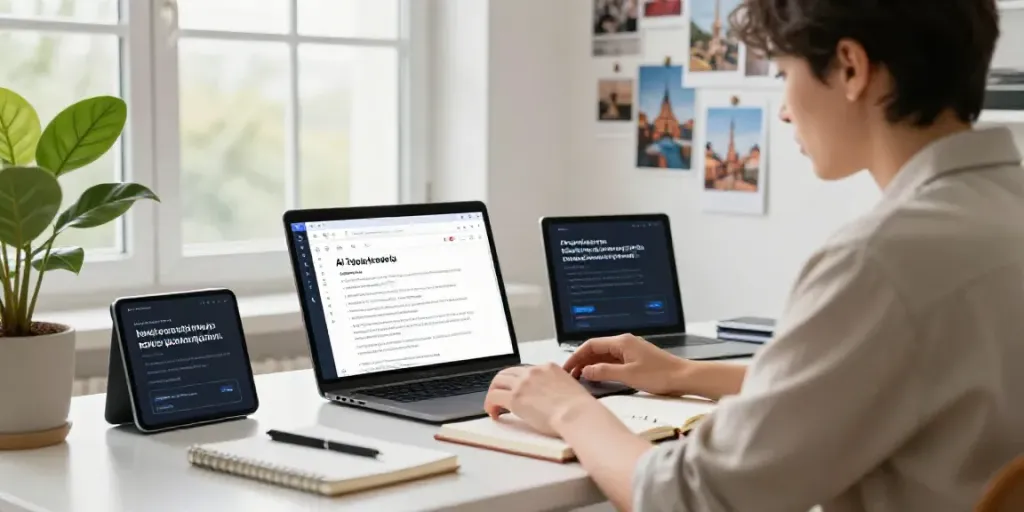 Generating Polish text with AI in a modern workspace with a digital creator at work.