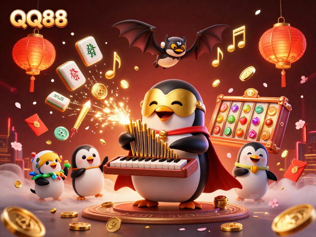 Engage in exhilarating gameplay at QQ88 with golden coins pouring from a colorful pipe organ amidst floating game elements.