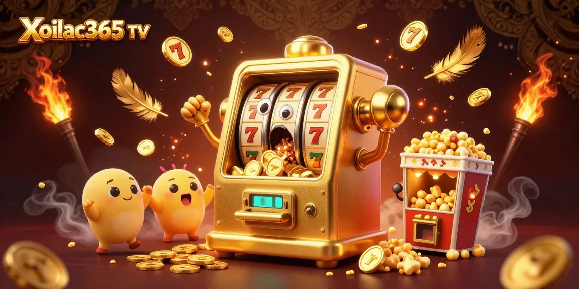 Xoilac365 TV showcases a golden slot machine hitting a jackpot with baby slot machines cheering, enriching the online casino experience.