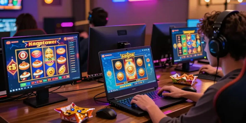 Player immersing in slot gacor gaming experience on a laptop with vibrant lighting