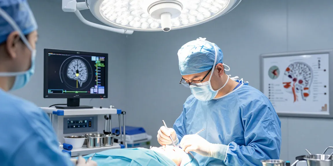 Brain tumor surgery focusing on beyin tümörü ameliyatı with neurosurgeon and advanced tools in an operating room.