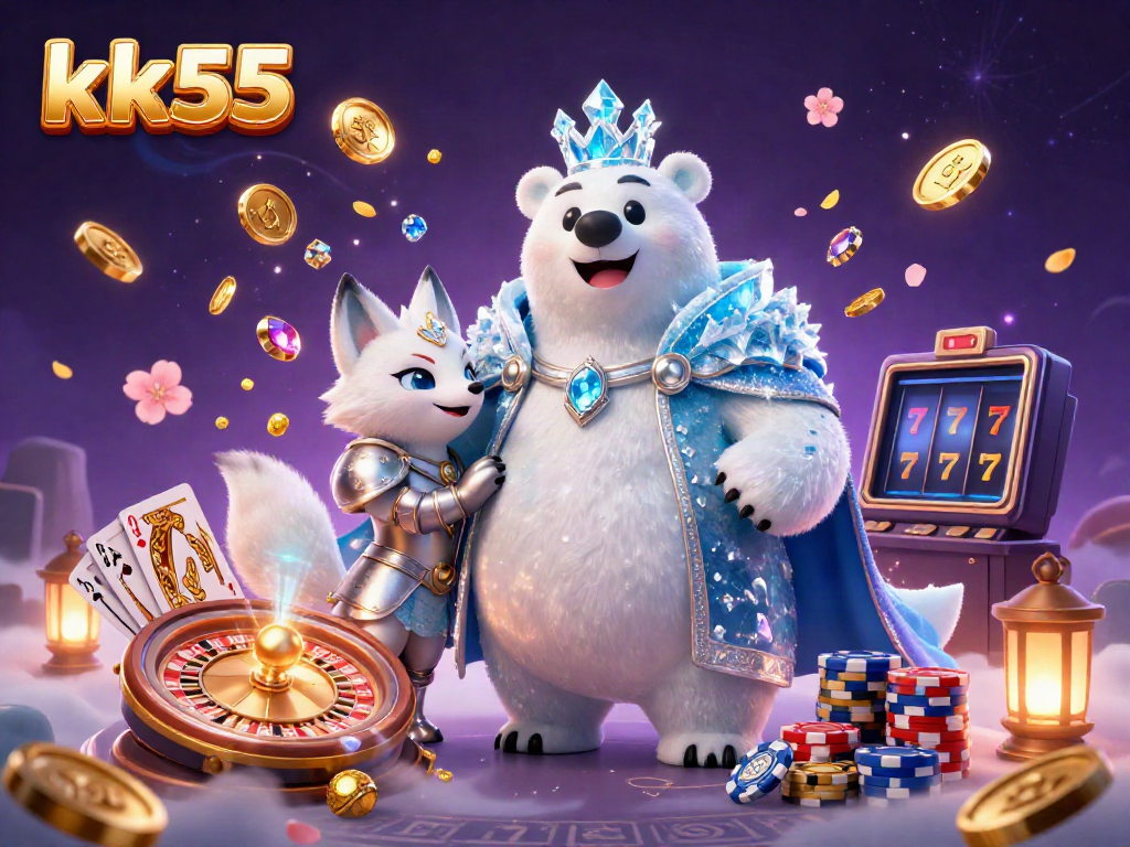 Engage with kk55's thrilling gaming experience featuring an ice king polar bear and a snow fox in a dynamic casino scene.
