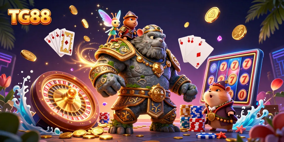 Spin and win at TG88 with a vibrant scene of gaming excitement filled with jackpots and magical characters.