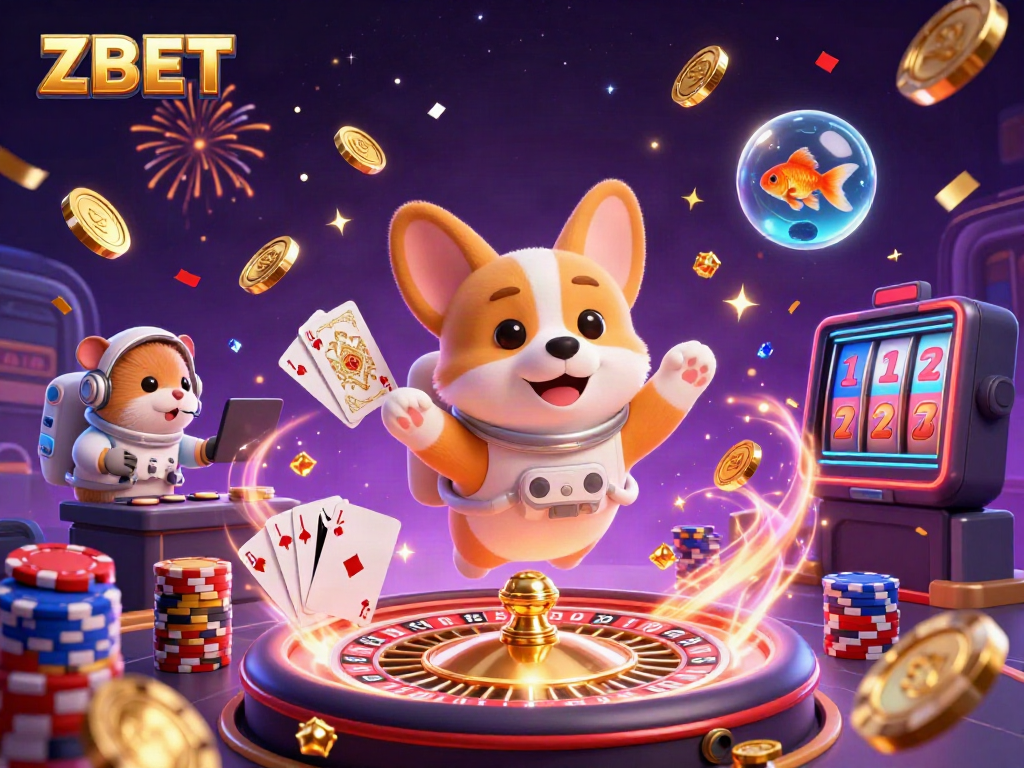 ZBET showcases a playful space-themed casino scene with a 3D astronaut corgi and vibrant game elements.
