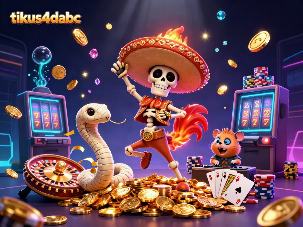 Experience the excitement with tikus4dabc as a mariachi rooster dances on gold coins amidst vibrant casino elements.