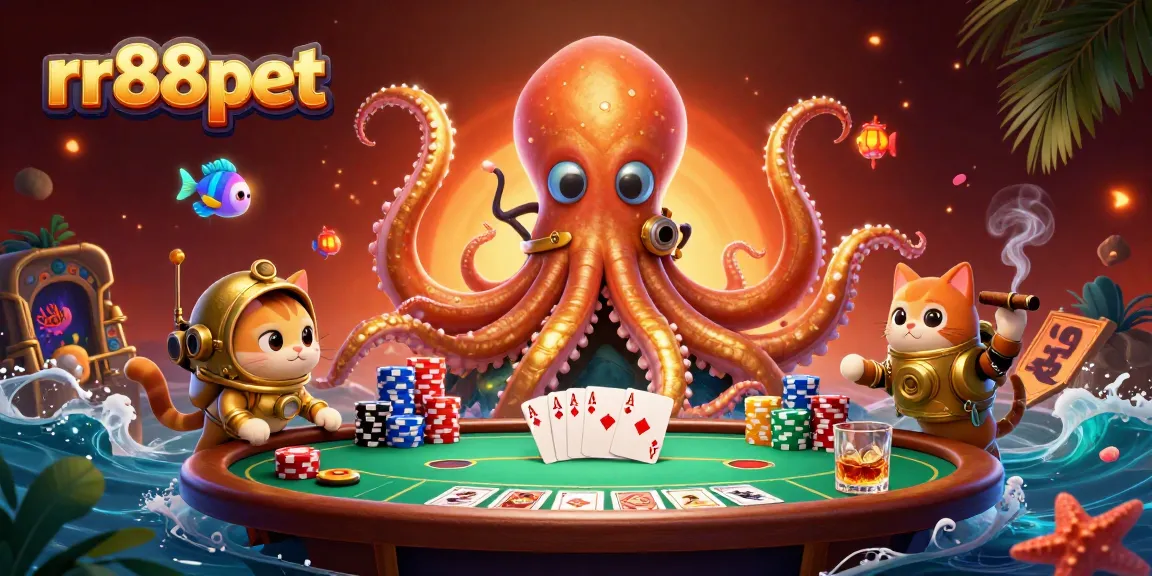 Play at rr88pet and experience thrilling poker with a colossal kraken and a diving cat in this vibrant casino illustration.