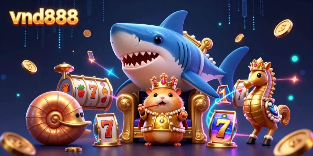 Experience exhilarating wins with vnd888 in a vibrant casino-themed illustration of a hamster king and his guards.