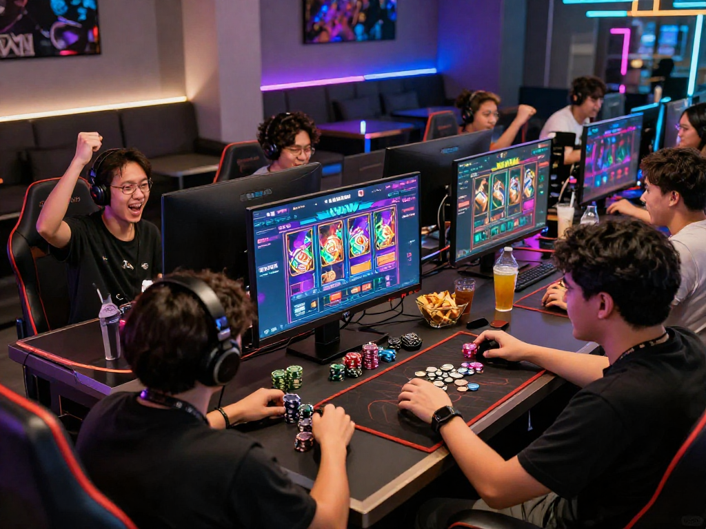 Exciting gaming scene featuring players at slot gacor terminals, showcasing vibrant graphics and camaraderie in a modern lounge.