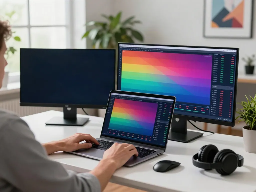 Trader using TradingView on dual monitors in a modern workspace.